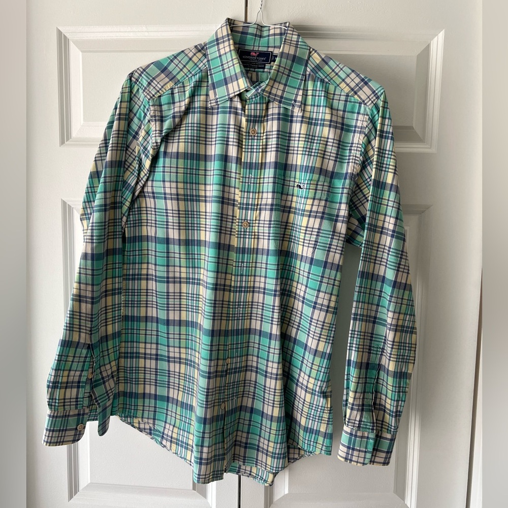 Mens Vineyard Vines Slim Fit Tucker Shirt size M green/blue